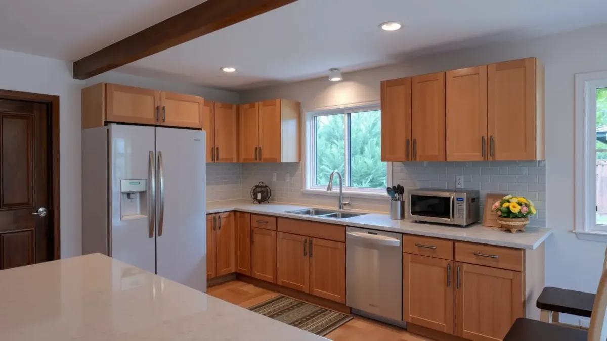 Completed North Tustin kitchen remodel with sleek cabinetry, granite countertops, stainless appliances, and natural light.