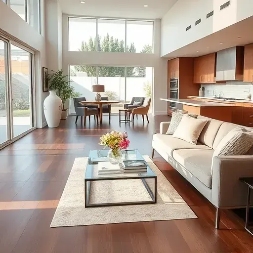 Modern living space in El Camino Real CA with wooden floors, large windows, elegant furniture, and cozy decor.