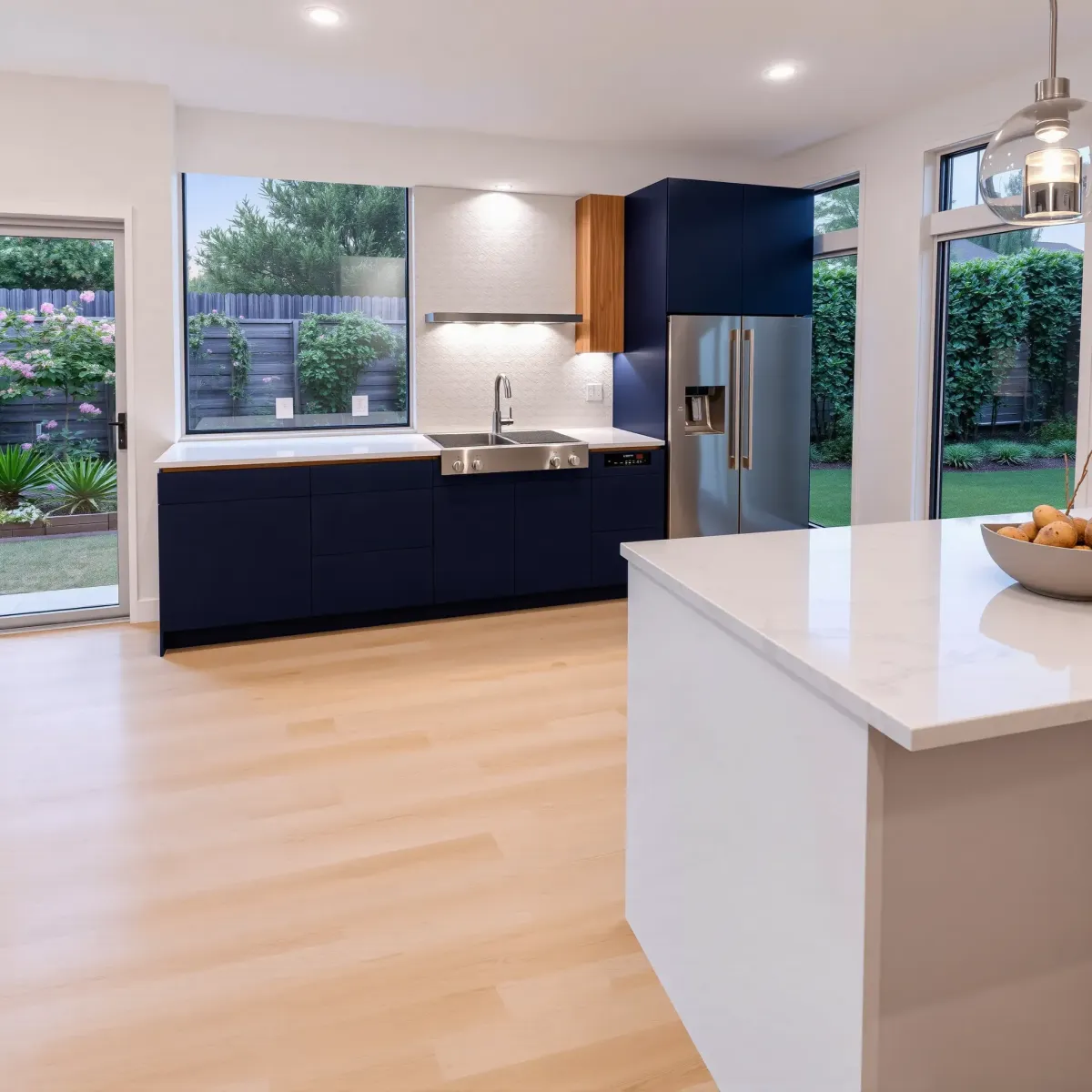 Remodeled Los Alamitos kitchen with navy cabinetry, white marble counters, oak accents, and lush backyard views.