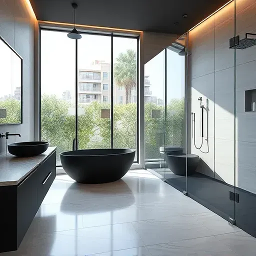 Modern Los Angeles bathroom with matte black fixtures, marble vanity, glass shower, textured tiles, lush outdoor view