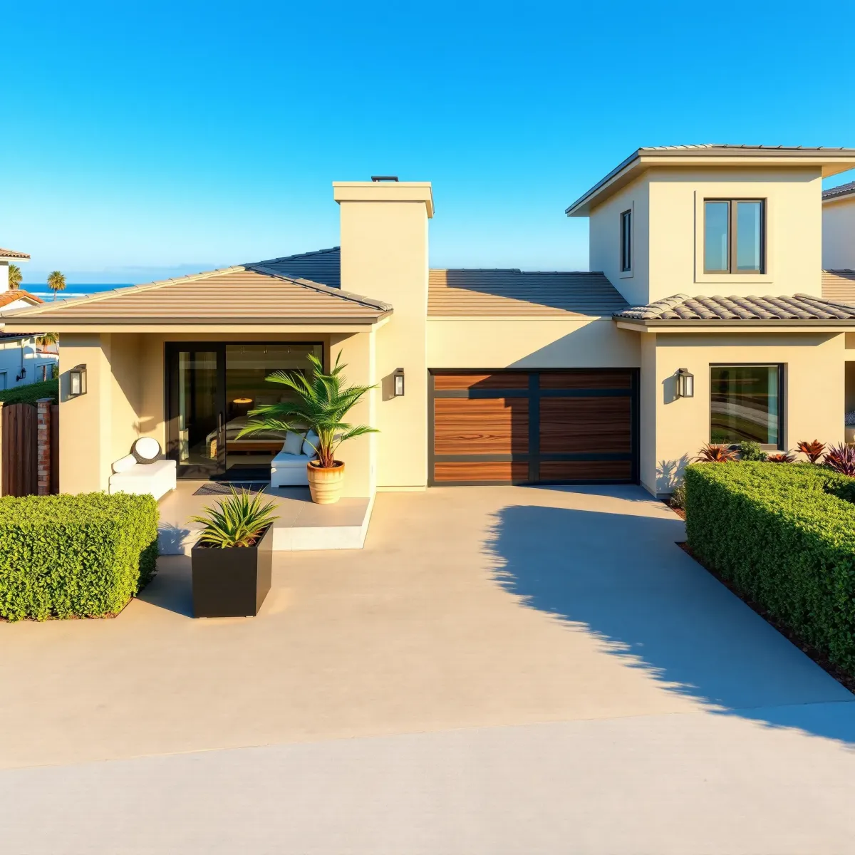 Modern San Clemente beach house with large windows, coastal decor, landscaped yard, and outdoor patio.