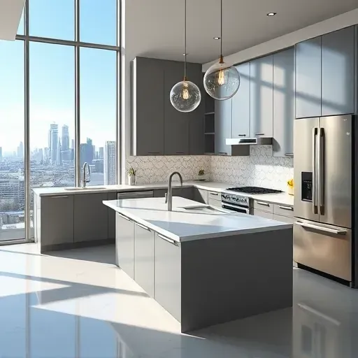 Newly remodeled Los Angeles kitchen with modern cabinetry, stainless steel appliances, and spacious marble island.