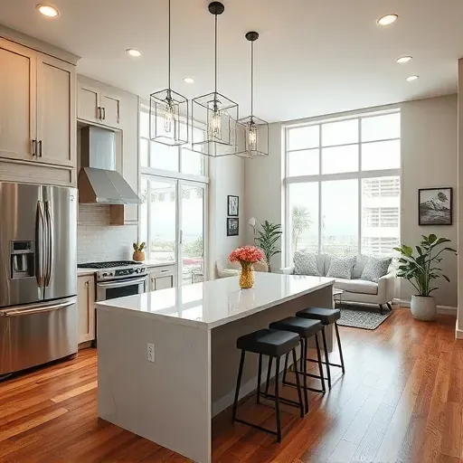 Modern kitchen remodel in Los Alamitos with elegant cabinetry, quartz countertops, and open floor plan showcasing design elegance.