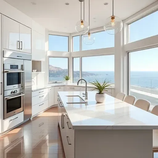Modern Newport Coast kitchen with glossy white cabinets marble island stainless steel appliances natural light greenery