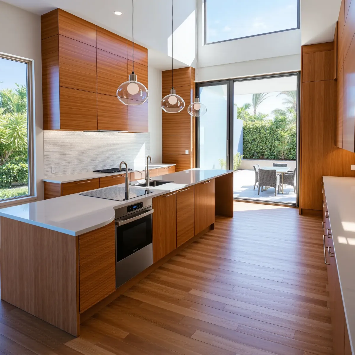 Remodeled Mission Viejo kitchen featuring modern wood cabinetry, stainless appliances, quartz island, hardwood floors, and bright open space.
