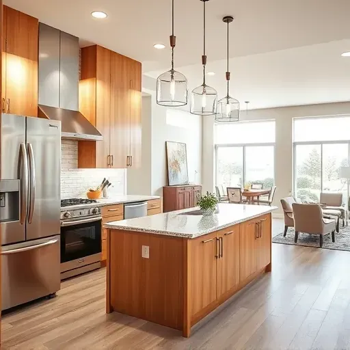 Renovated kitchen in Riverview West CA with stainless steel appliances, granite island, and warm wood cabinetry.