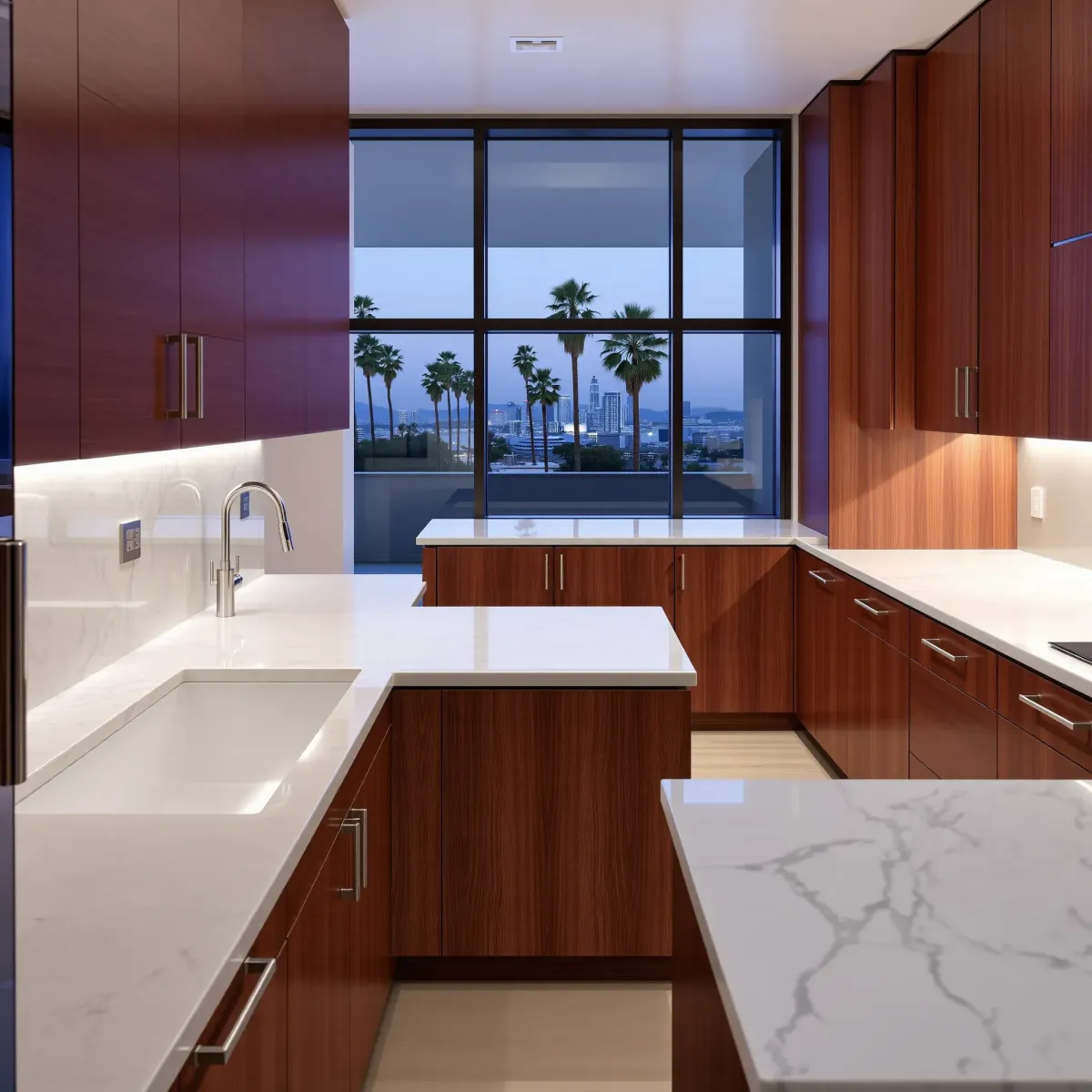 Modern LA kitchen with sleek wood cabinets, quartz countertops, large windows, and city skyline view.