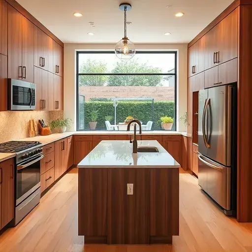Modern remodeled kitchen in Rancho Santa Margarita with wood cabinets, quartz island, and large windows showing lush yard.