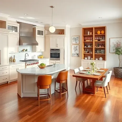Elegant modern kitchen in Riverview East CA with marble island, high-end appliances, and natural light highlighting decor.