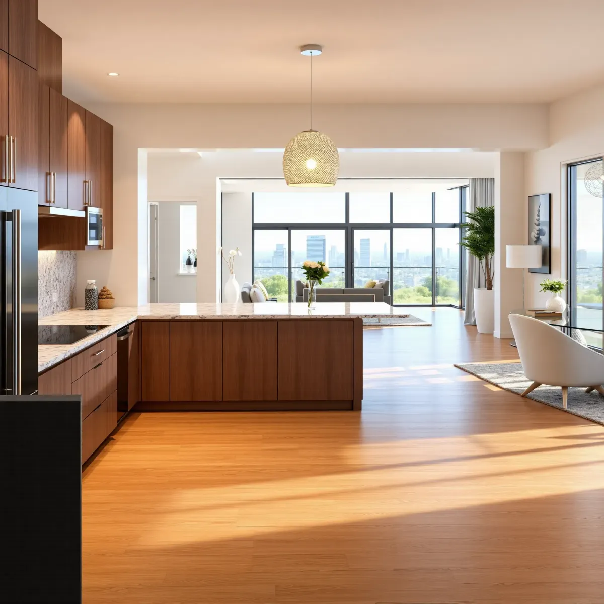 Renovated LA home with a modern kitchen featuring granite countertops, custom cabinetry, large windows, and city views.