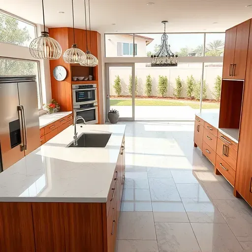 Renovated Newport Heights kitchen with quartz countertops stainless steel appliances custom wood cabinetry large windows backyard view