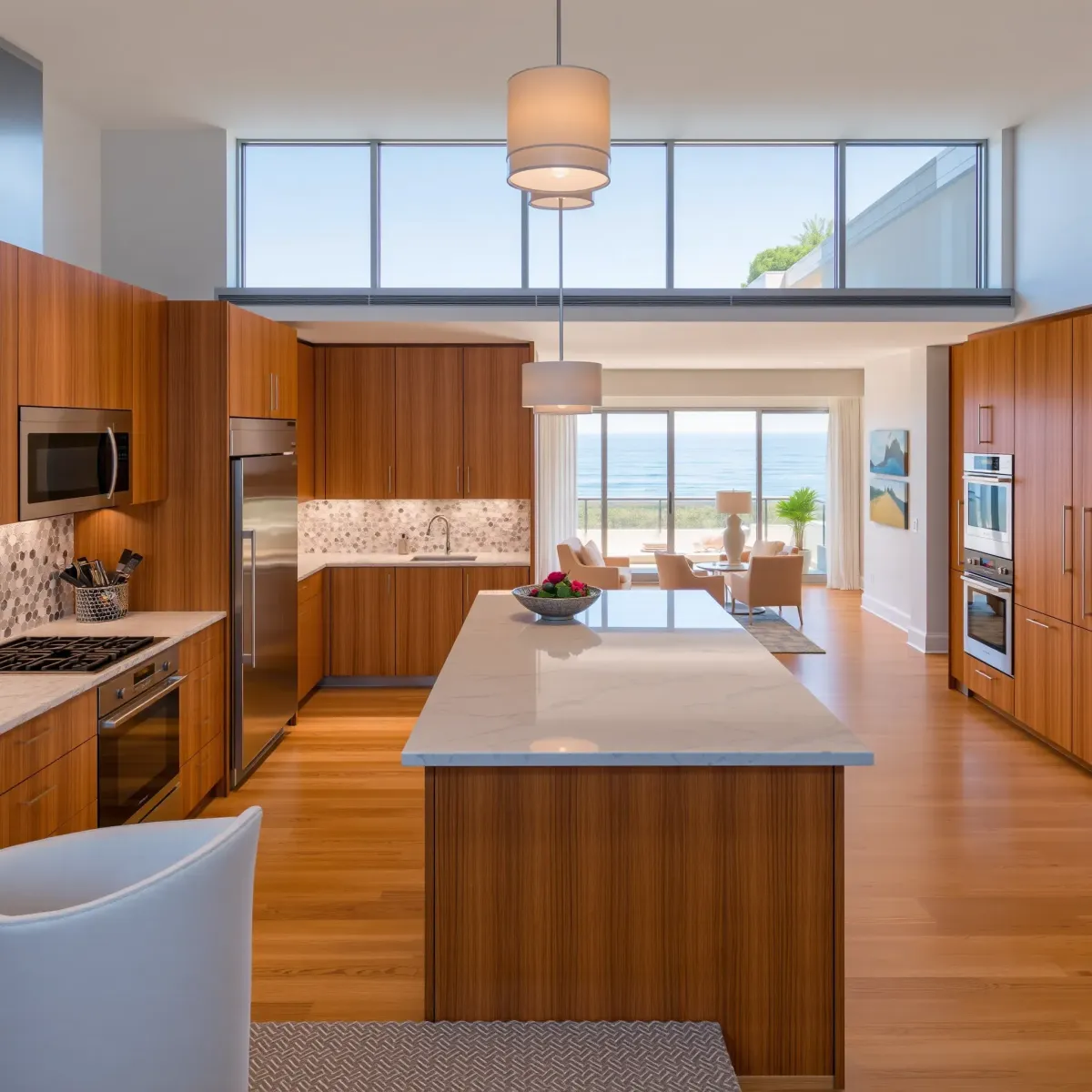 Bright remodeled Laguna Niguel kitchen with modern cabinets, granite countertops, stainless steel appliances, and natural sunlight.