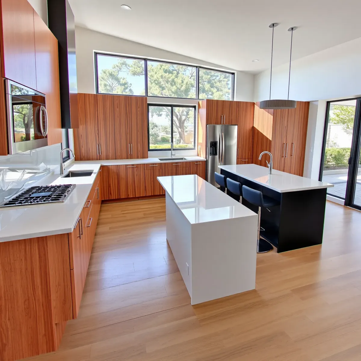 Modern Newport Beach kitchen with quartz counters, wooden island, stainless appliances, ocean views, and chic coastal style.