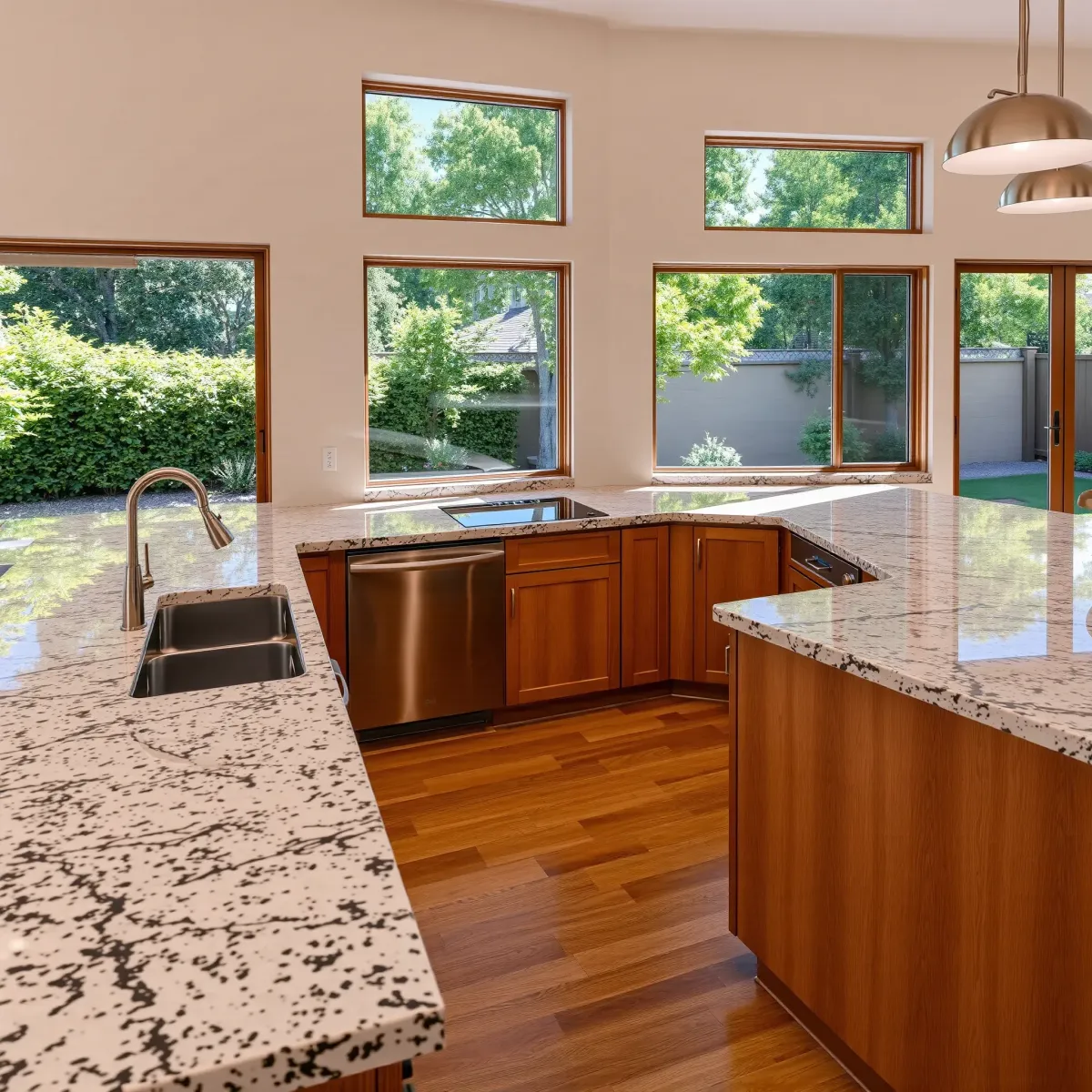 Remodeled Windsor Village kitchen with stainless steel appliances, granite island, modern cabinets, and bright natural light.
