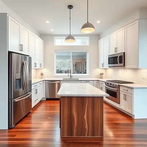 Completed modern kitchen remodel in Riverview West CA with quartz countertops, wooden island, stainless appliances, and elegant white cabinets