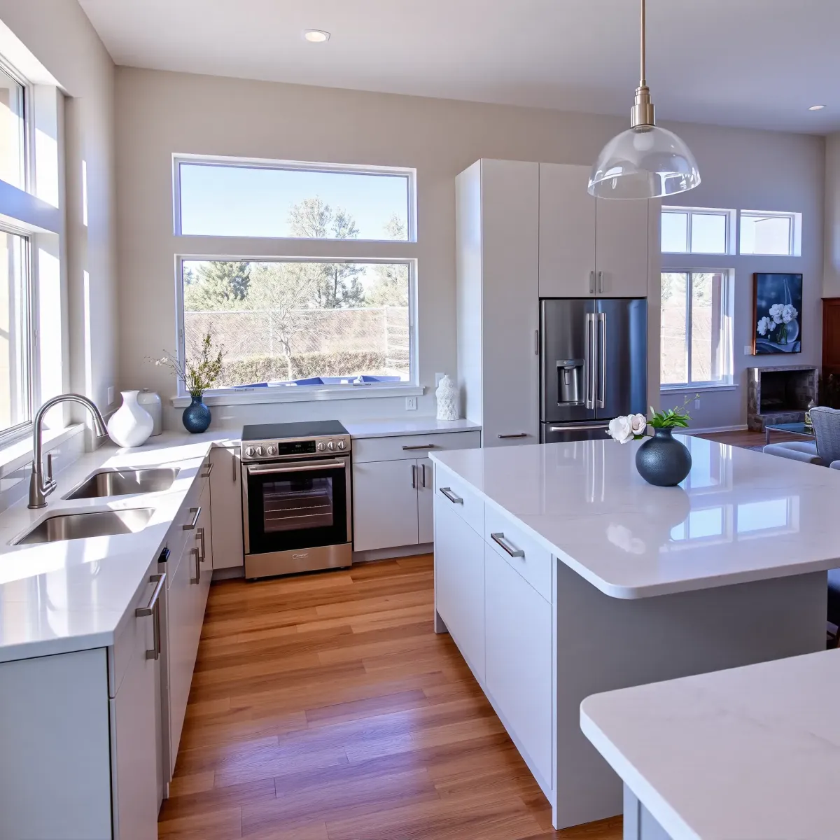 Beautiful renovated El Camino Real kitchen with modern design, high-end appliances, granite countertops, and natural light.