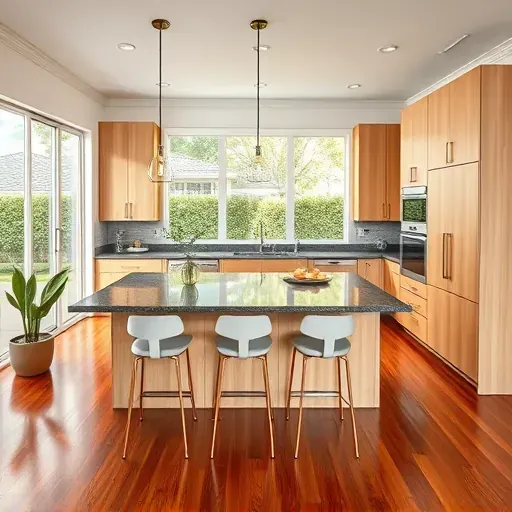 Stunning kitchen remodel in East Garden Grove with modern cabinetry, gray granite, and polished hardwood floors.