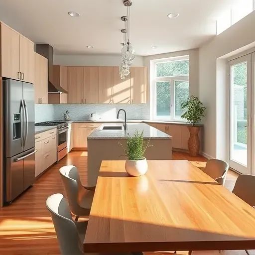 Remodeled kitchen in Bristol Manor CA with sleek appliances, polished granite island, and inviting dining area.