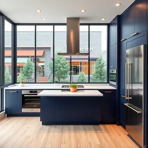 Modern Santa Ana kitchen with navy blue cabinets, quartz countertop, stainless appliances, white subway backsplash, hardwood floors, and downtown view