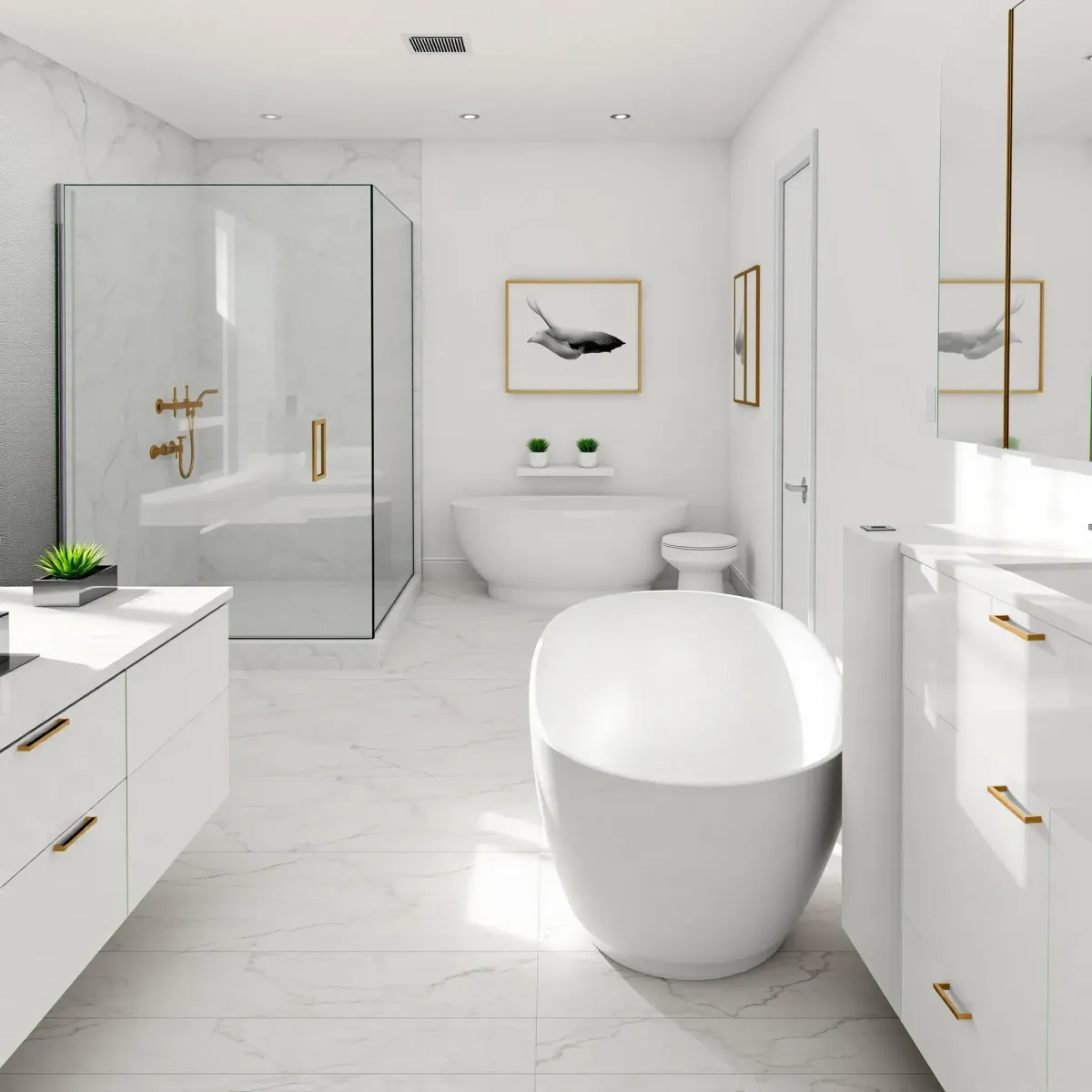 Renovated Los Angeles bathroom with glass shower, freestanding tub, marble countertops, natural light, and elegant decor.