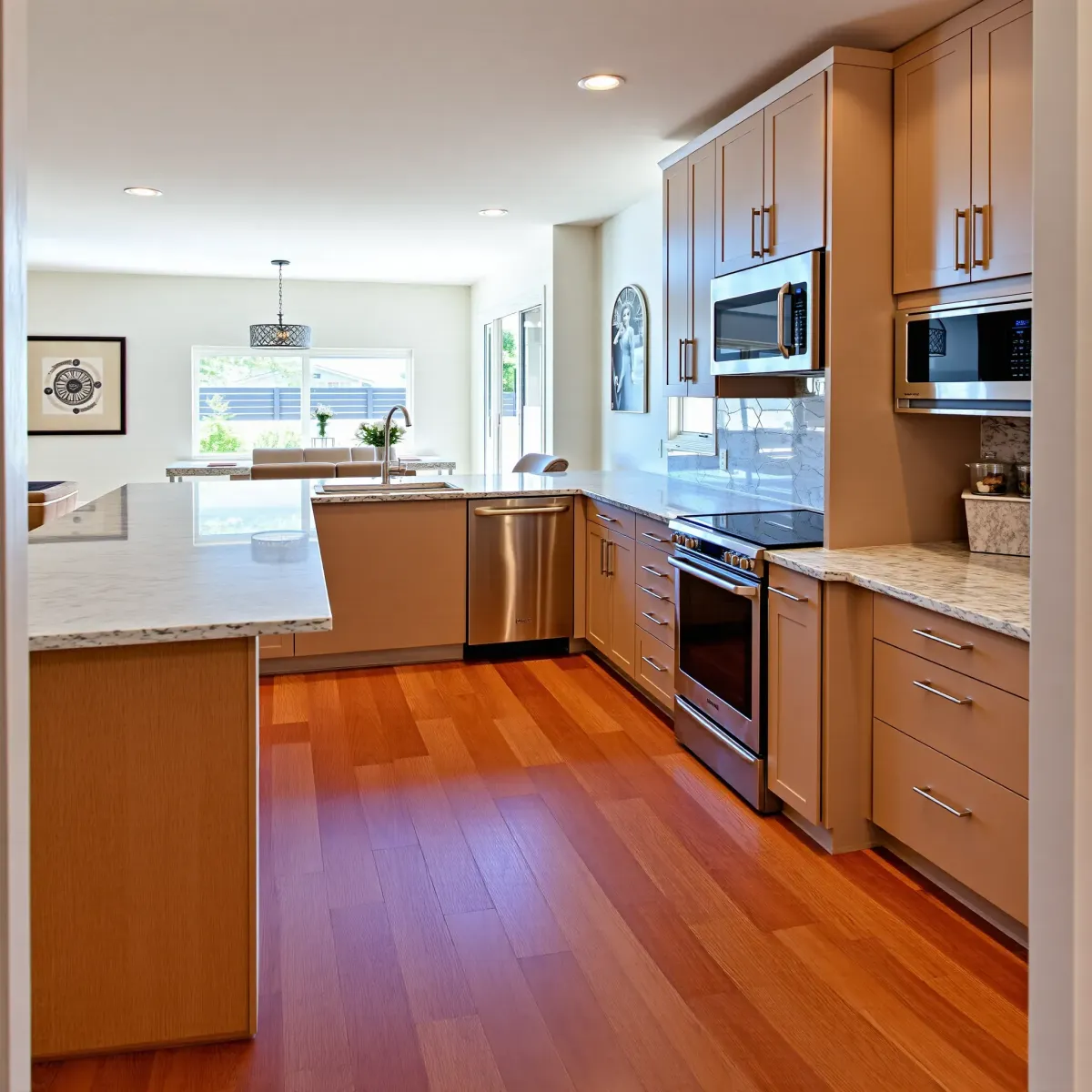 Beautiful Irvine kitchen with modern design, granite countertops, stainless steel appliances, hardwood floors, and lush backyard view.