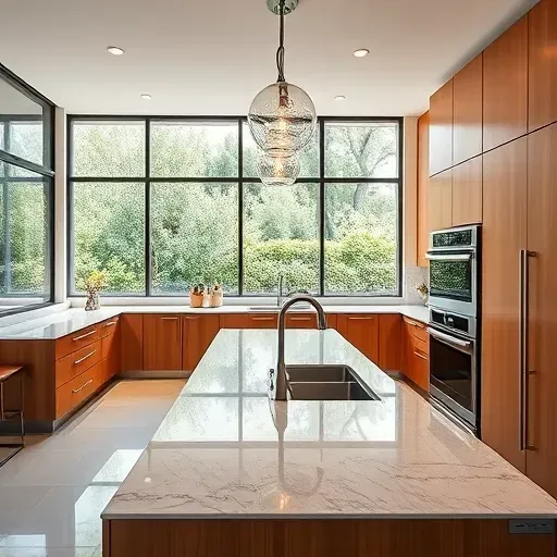 Completed modern kitchen in Portola Springs CA with sleek wood cabinets stainless steel appliances granite island natural light outdoor garden view