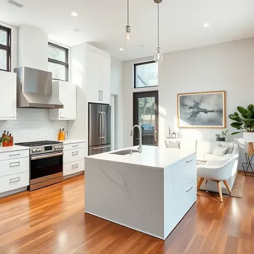 Modern Newport Heights kitchen features marble island, stainless steel appliances, and stylish minimalist decor.