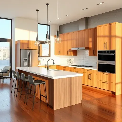 Renovated Westside California kitchen with warm wood cabinets, black hardware, quartz countertops, subway tile backsplash, and stainless appliances