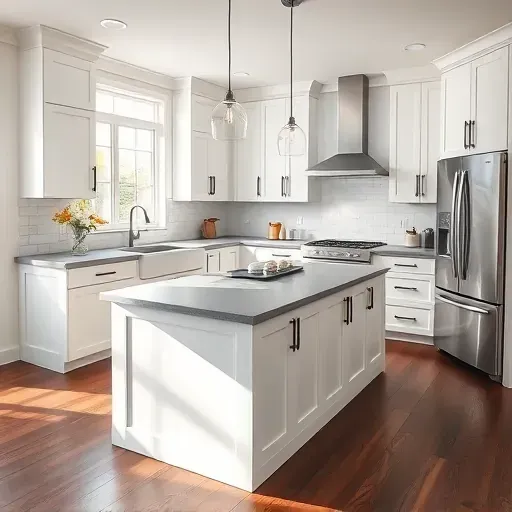 Modern kitchen remodel in French Park CA with white cabinetry, gray quartz island, stainless steel appliances, and cozy nook.