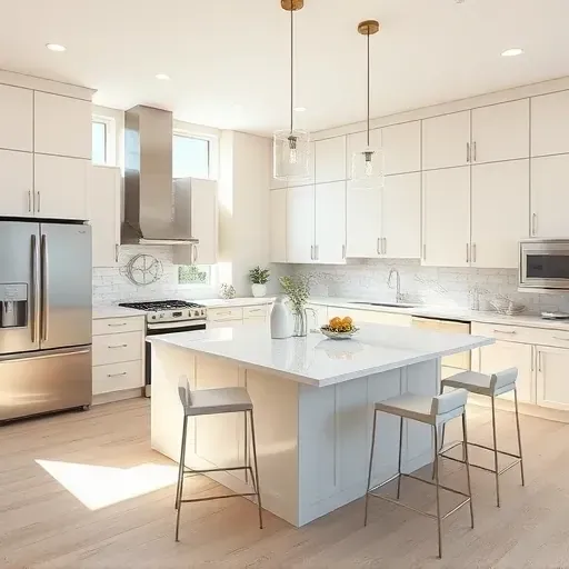 High-end remodeled Huntington Beach kitchen with modern neutral cabinetry quartz countertops stainless steel appliances island pendant lighting and coastal decor