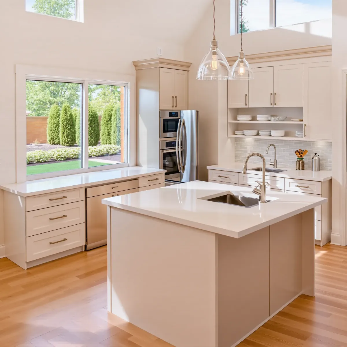 Modern West Grove Valley kitchen with scenic views, white quartz countertops, custom wood cabinets, and sleek stainless steel appliances.