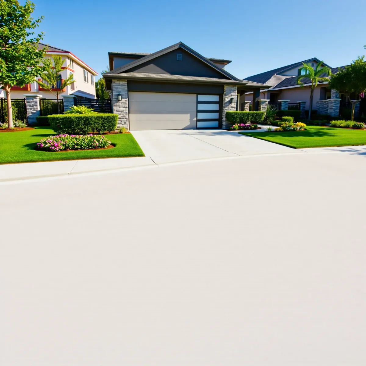 Modern renovated Riverview West home with sleek design, lush yard, stamped driveway, and stylish lighting.