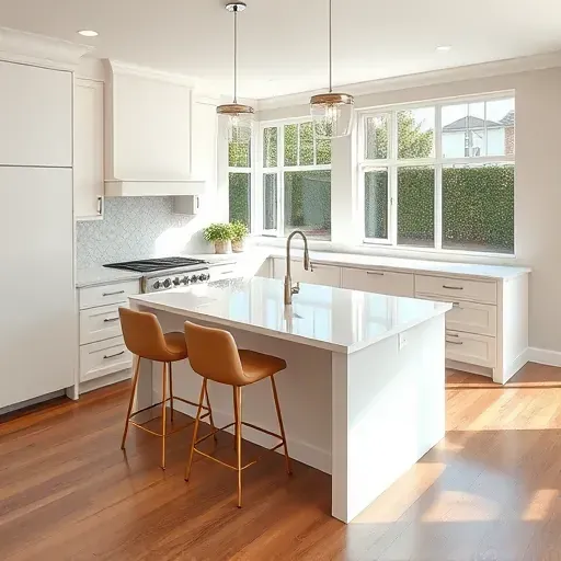 Contemporary kitchen remodel in South Coast Metro CA featuring custom white cabinetry, quartz countertops, and elegant lighting.