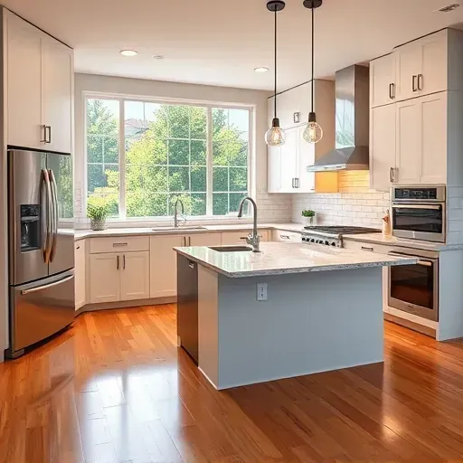 Modern Northwood kitchen with sleek matte cabinets, granite island, stainless steel appliances, subway tiles, hardwood floors, bright windows