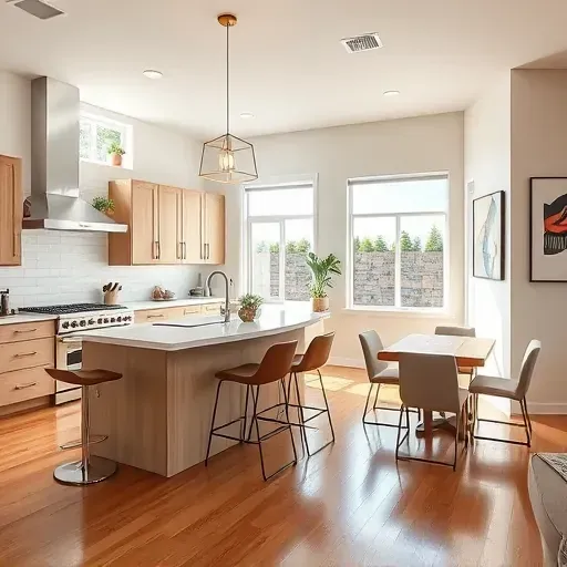 Modern kitchen remodel in Newport Heights with high-end appliances, quartz countertops, and light wood cabinetry.