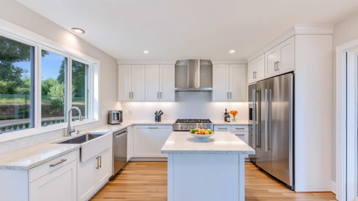 Remodeled Irvine kitchen with granite counters, stainless steel appliances, custom wood cabinets, and bright natural light.
