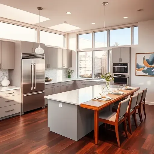 Modern Huntington Beach kitchen remodel with gray cabinetry, quartz island, stainless steel appliances, and sunlit dining area.