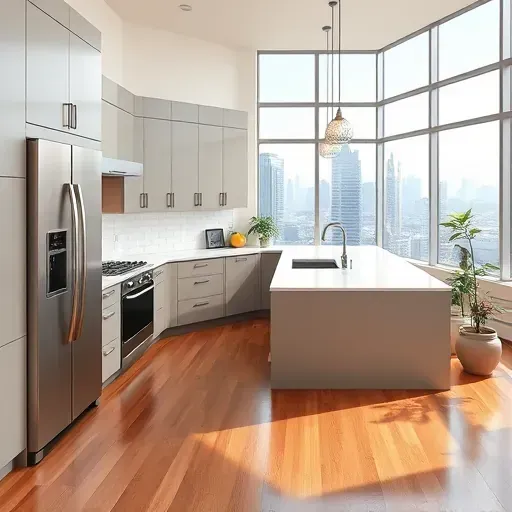 Modern fully remodeled Mid-City kitchen with sleek matte cabinets, quartz counters, stainless steel appliances, and city views