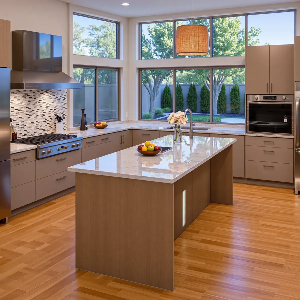 Completed modern kitchen in French Park, CA with matte cabinets, stainless steel appliances, quartz counters, and landscaped backyard view.