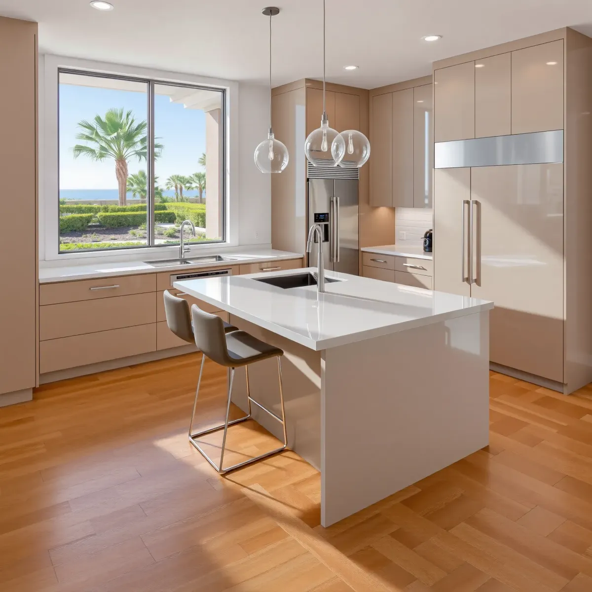 Remodeled Newport Beach kitchen with modern wood cabinetry, stainless steel appliances, white quartz counters, and ocean views.