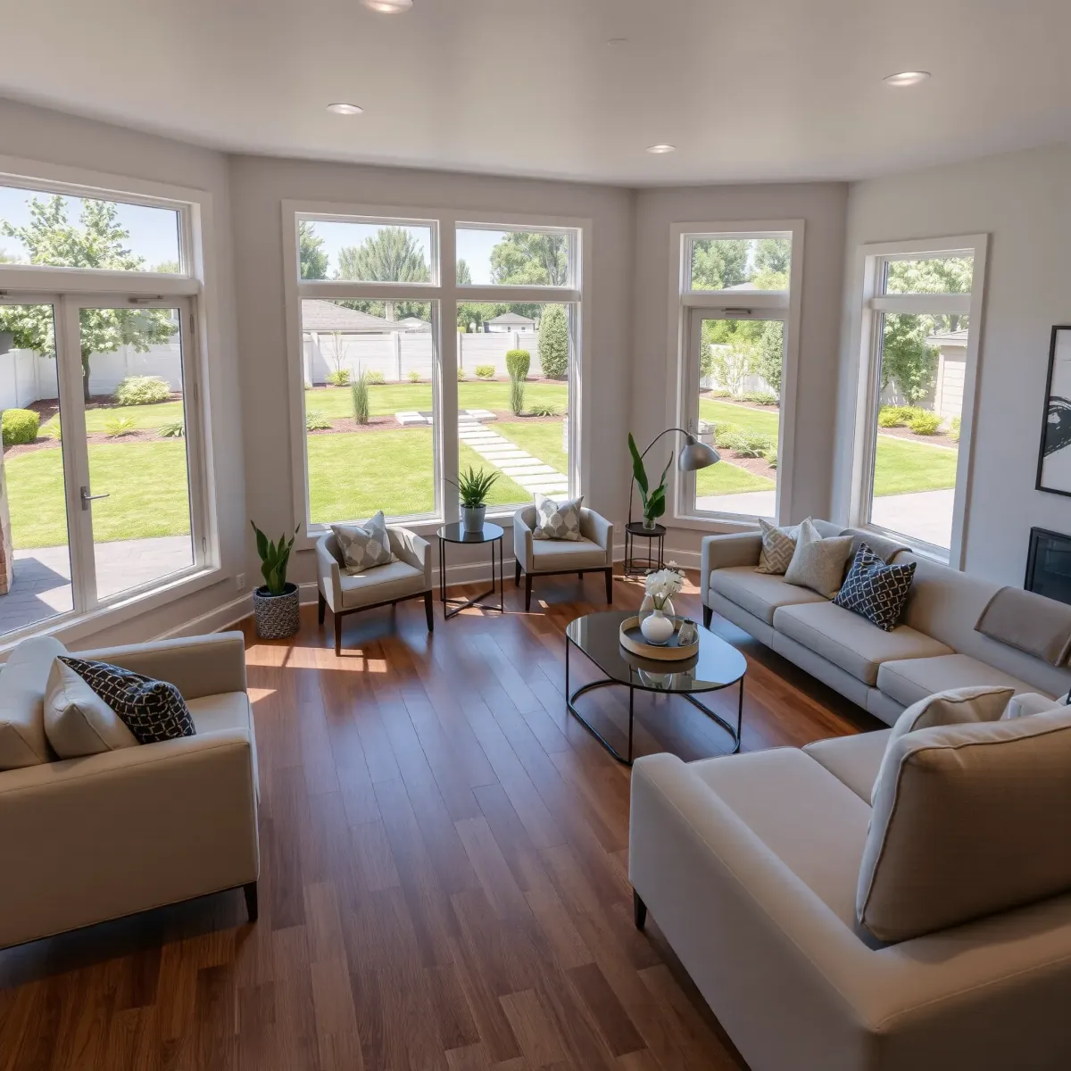 Renovated Riverview East kitchen with modern cabinetry, marble island, stainless appliances, large windows, and lush backyard view.