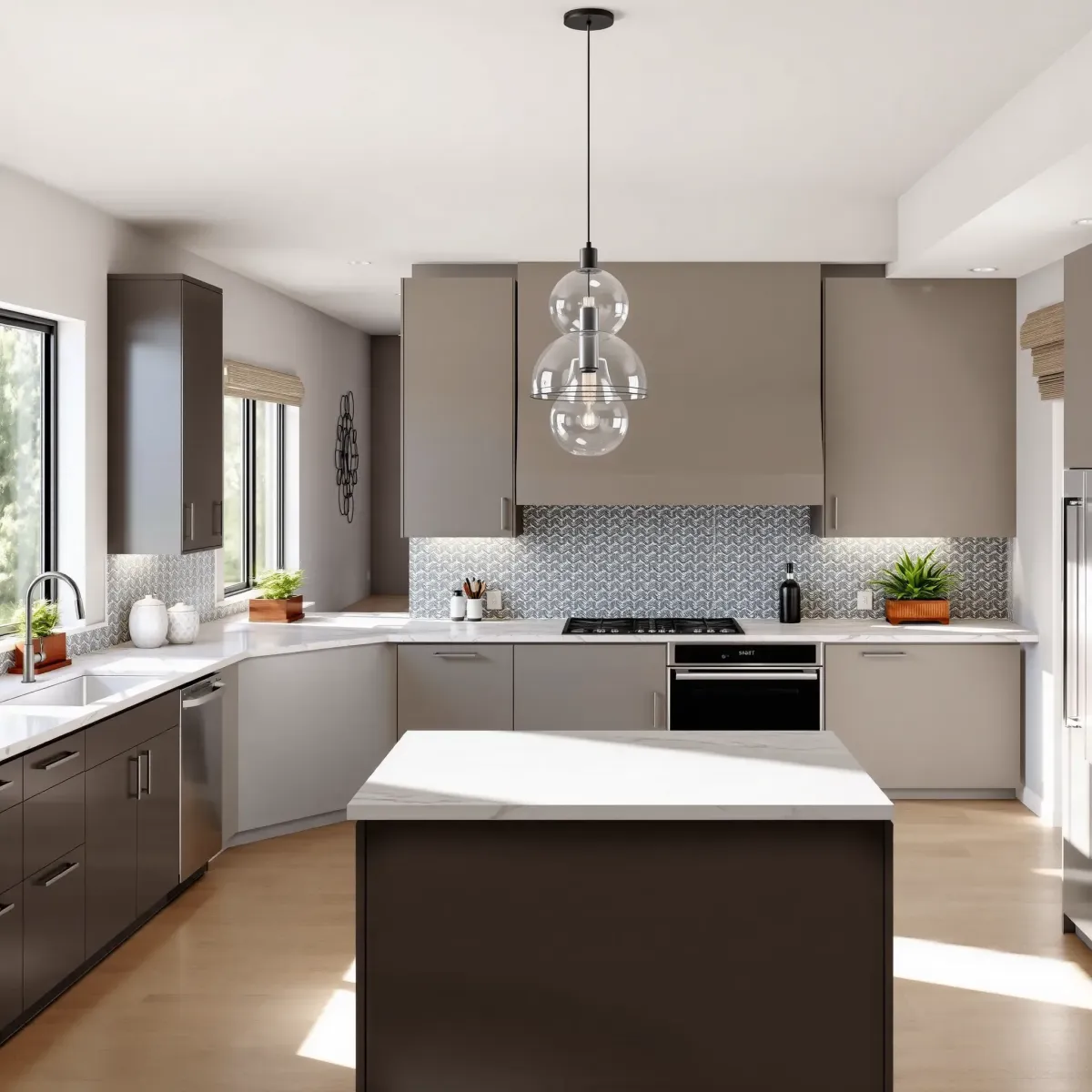 Modern Bristol Manor kitchen with matte cabinets, stainless steel appliances, marble island, high-end fixtures, and natural light.
