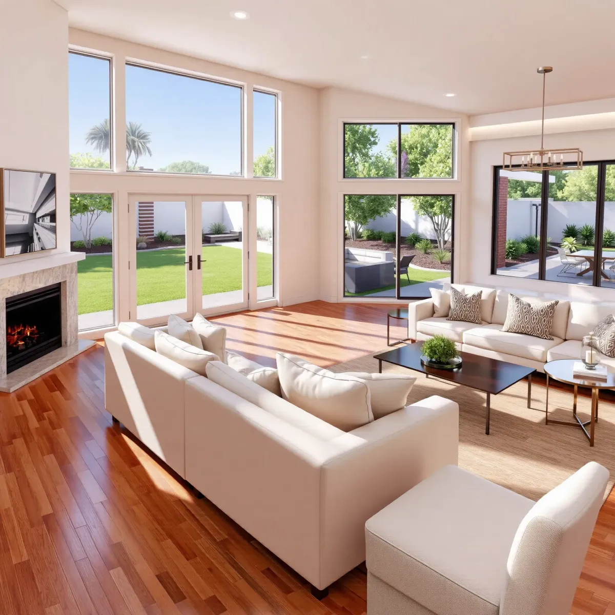 Modern Tustin home remodel showing open living space, sleek floors, contemporary decor, bright windows, and landscaped backyard.