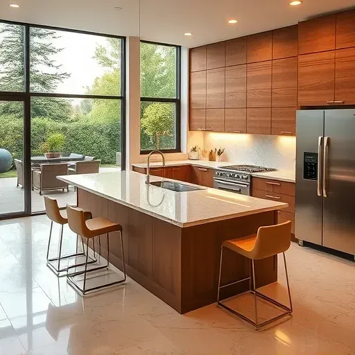 Recently remodeled West Grove Valley CA kitchen with granite countertops, warm wood cabinets, stainless appliances, and lush outdoor views