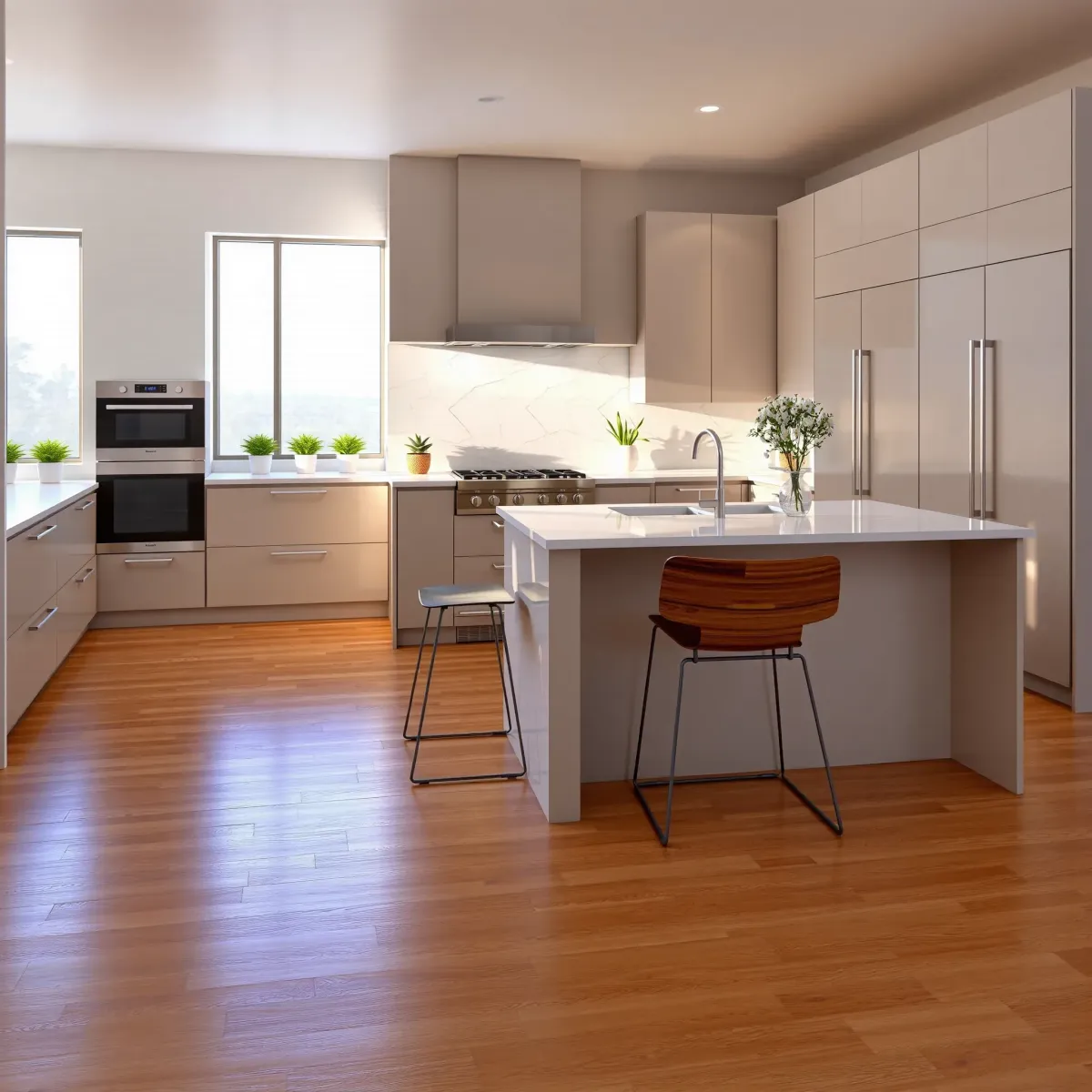 Modern kitchen in Floral Park, CA with sleek cabinetry, quartz countertops, high-end appliances, hardwood floors, and natural light.