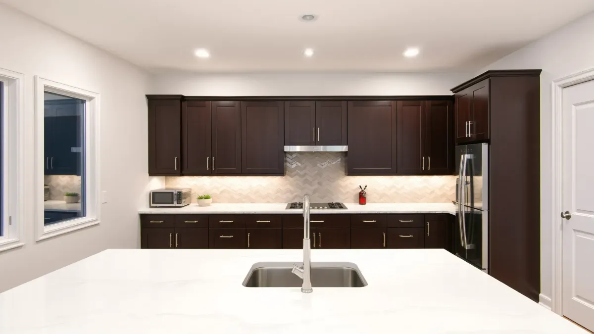 Modern Huntington Beach kitchen with sleek cabinetry, quartz countertops, island, stainless steel appliances, and beach views.