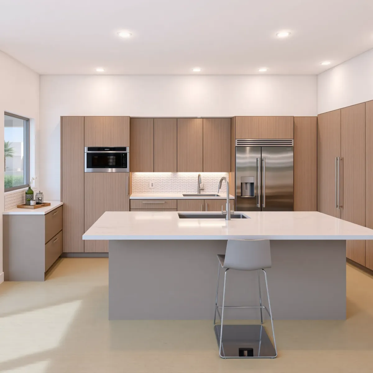 Modern Coto De Caza kitchen with sleek cabinetry, stainless steel appliances, quartz countertops, hardwood floors, and scenic outdoor views.