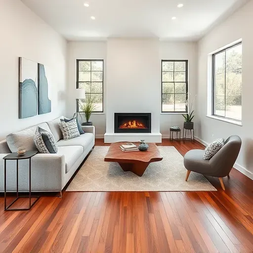 Remodeled living room in French Park CA with modern furniture, warm colors, and large windows showcasing nature.