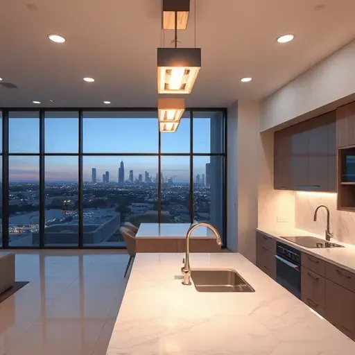 Modern Los Angeles kitchen with sleek LED lighting, marble countertops, panoramic skyline views, and stylish high-end finishes