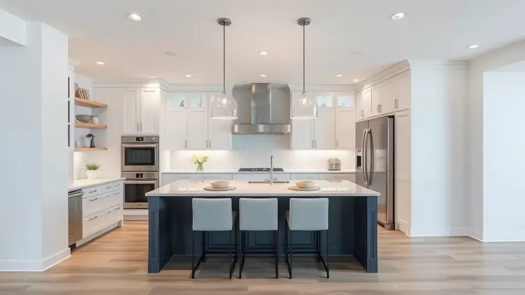 Remodeling in Newport Beach, CA showcasing a modern kitchen with sleek designs and bright lighting.